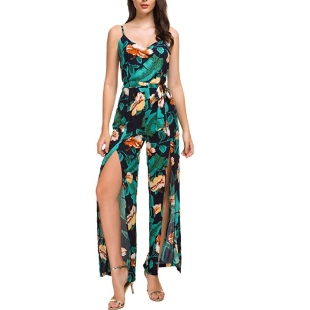 NWT Backless Slit Leg Tie Waist Tropical Jumpsuit - Picture 8 of 8